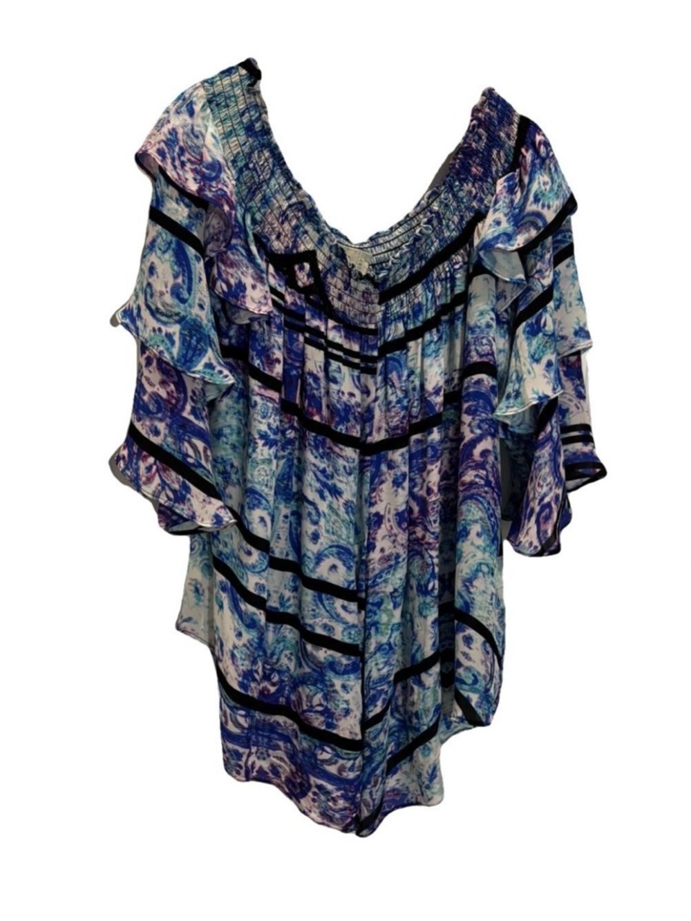 Nicole Miller Artelier Blue and White Abstract Ruffle Top-Medium